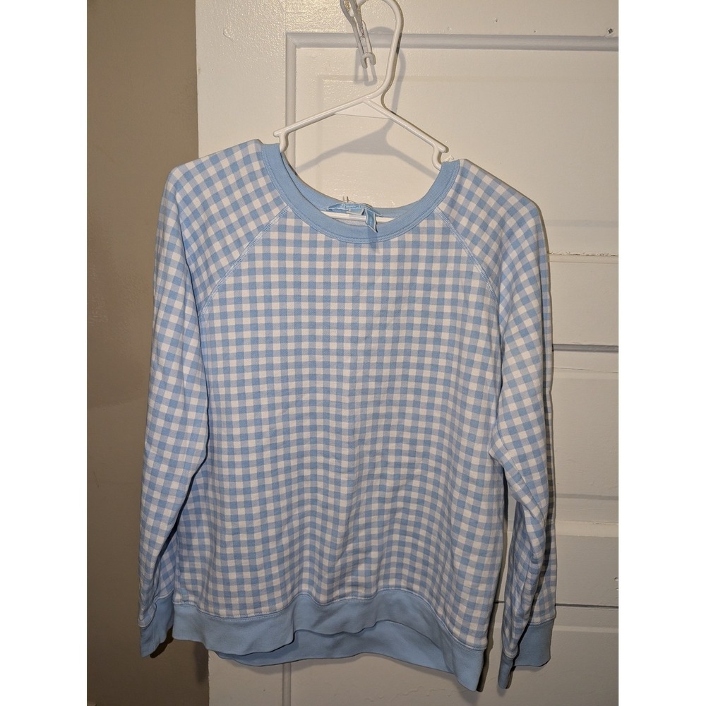 Draper James Blue White Gingham Raglan Sweatshirt Pullover Large DJ Logo